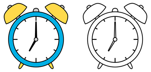 Old alarm clock. Coloring book page for children. Colored and outline alarm clock vector illustration isolated on white background.