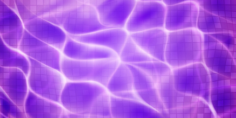 Swimming pool background with mosaic tiles, sunlight glares and caustic ripples. Top view of the water surface. In purple colors