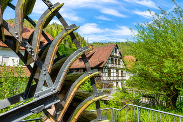 Spa park with water wheel in Bad Teinach. Black Forest, Baden-Wurttemberg, Germany, Europe