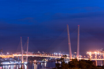 Fototapeta na wymiar Night city landscape with a view of the Golden Bridge. Vladivostok
