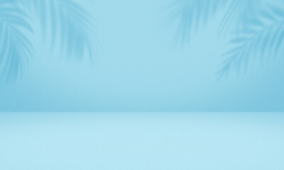 Fototapeta na wymiar Empty palm shadow blue color texture pattern cement wall background.
