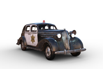 3D illustration of a rusty dirty old vintage police car with headlights on isolated on white.