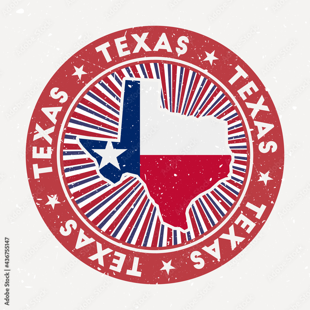 Wall mural Texas round stamp. Logo of us state with state flag. Vintage badge with circular text and stars, vector illustration.