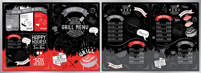 Restaurant menu template - A3 to A4 card (burgers, pizzas, grill, desserts, sets) - obrazy, fototapety, plakaty