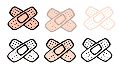 vector set of medical patches stuck on top of each other in different versions. hand-drawn outline of black and flesh-colored cross-on-cross patch used in doodle style, isolated elements on white phon