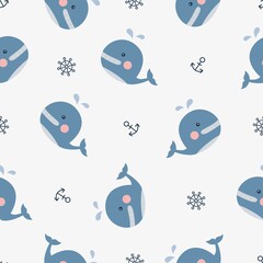 Fototapeta premium Cute whale and nautical seamless pattern on white background. vector illustration.