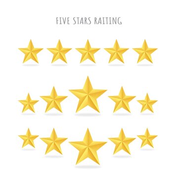 Set of five golden star raiting icons isolated on white background. 