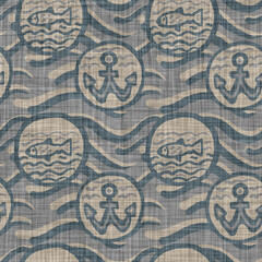 Beige tonal linen anchor motif texture background. Summer coastal living style home decor fabric effect. Decorative maritime textile seamless pattern 