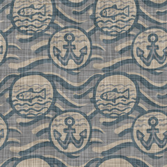 Beige tonal linen anchor motif texture background. Summer coastal living style home decor fabric effect. Decorative maritime textile seamless pattern 