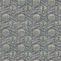 
Azure blue white anchor linen texture. Seamless textile effect background. Weathered doodle motif dye pattern. Coastal cottage beach home decor. Modern sea life marine fashion repeat cotton cloth.
