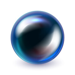 One big beautiful blue ball isolated on white background. Realistic 3d dark blue sphere. Glass glossy vector ball with shadow. Abstract crystal magic sphere. Metal material. Vector illustration eps10