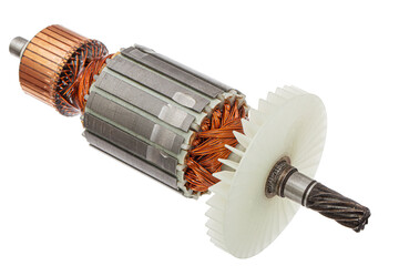 Rotor or of anchor electric motor closeup, isolated on white background