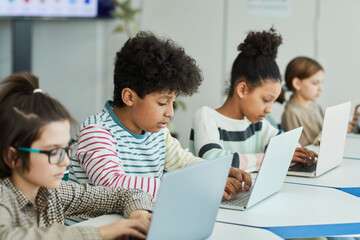 Diverse group of young children using laptops while sitting in row at IT classroom