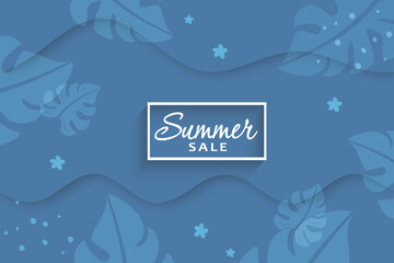 Fototapeta na wymiar Summer sale banner with paper wave blue background and tropical palm leaves design, vector illustration, season summer background.