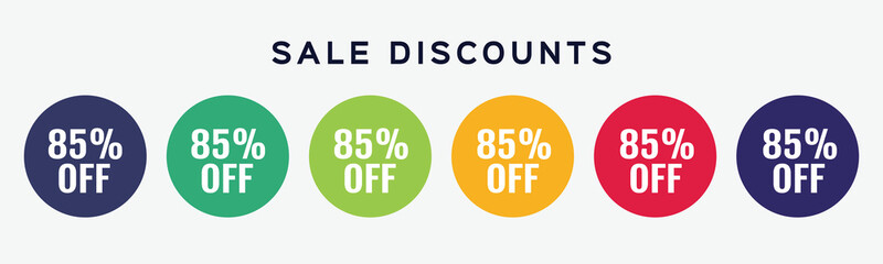 6 circles set with 85 percent symbol, shop icon in various colors. Vector illustration.
