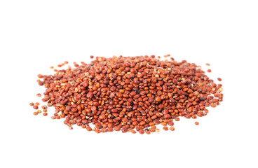 Pile of raw red quinoa seeds on white background. Vegetable planting