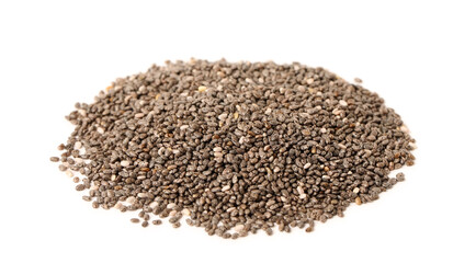 Pile of chia seeds on white background. Vegetable planting