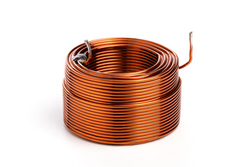 Electronic copper coil isolated on white background.