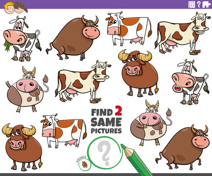 find two same cartoon cattle farm animals educational game