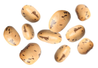 Obraz premium Many beans falling on white background. Vegan diet