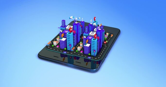 Cartoon Isometric 3D Smart City Concept. Futuristic Life On Smart Tablet. Technology Related 3D 4K Motion Graphics.