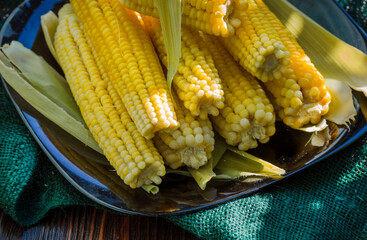 Sweet, boiled, young corn on a plate