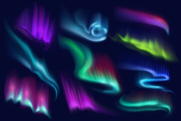 Northern polar aurora borealis lights, vector Arctic natural phenomena isolated on dark background. Amazing iridescent glowing wavy illumination on night sky. Realistic 3d shining aurora borealis set - obrazy, fototapety, plakaty