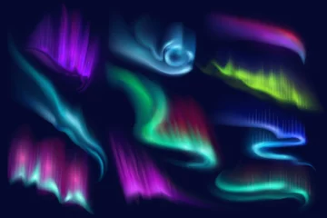 Fotobehang Northern polar aurora borealis lights, vector Arctic natural phenomena isolated on dark background. Amazing iridescent glowing wavy illumination on night sky. Realistic 3d shining aurora borealis set © Vector Tradition