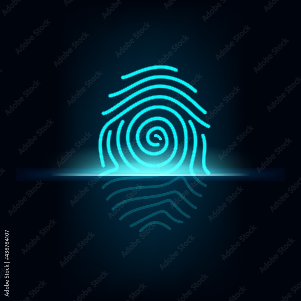 Poster Fingerprint scanner, biometric access control, vector thumb digital print with neon glowing and reflection on black background. Identification, privacy or authentication technology, finger pattern