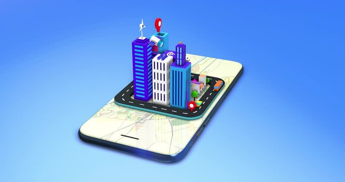 Smart City Rising On Smart Phone. Futuristic Life With Artificial Intelligence. Technology Related 3D 4K Motion Graphics.