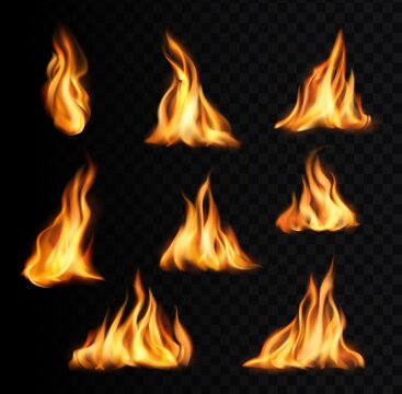 Burning fire flames and trails, campfire vector tongues. Torch flames, bonfire glow orange and yellow shining flare blaze realistic 3d effect, inferno ignition tongues set isolated on black background