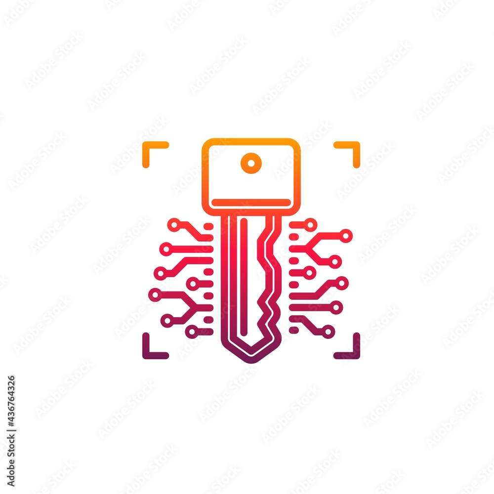 Poster Cyber security key isolated vector icon of cybersecurity and web security design. Digital key of account and personal data secure access, ddos attack and hacking protection with circuit board pattern