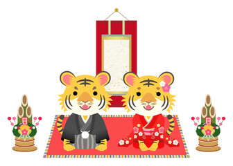 2022年　寅年　挨拶する着物のトラのペアと掛け軸【文字なし】