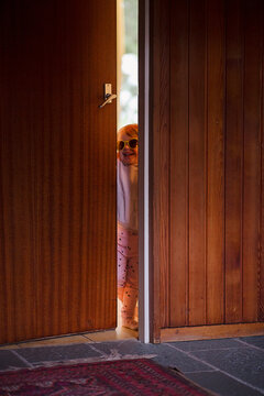 Young Cheerful Kid With Sunglasses Opening The Door Of A House