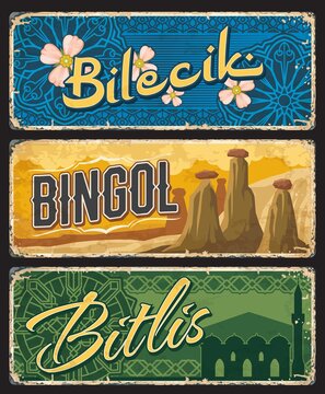 Bilecik, Bingol and Bitlis il, Turkey provinces vintage plates. Famous Turkish landmarks plaques or banners. Vector retro grunge boards, worn signboards, touristic aged travel destination signs