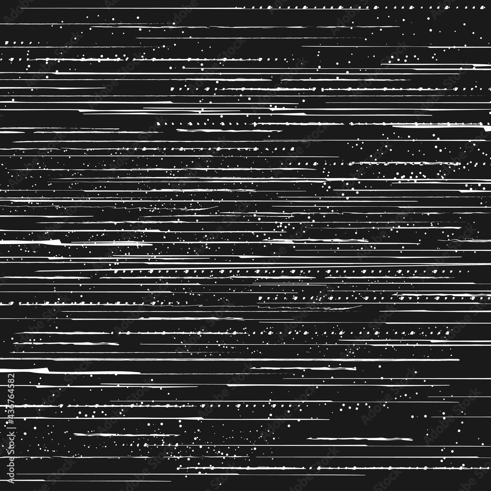 Poster TV signal loss glitch, screen pixels noise or video data error effect. Broken monitor, program bug or VHS cassette fail graphic vector pattern. Grunge background with scratches, dots and lines