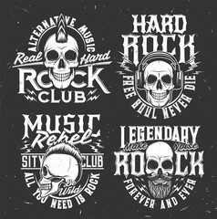 Tshirt prints with skull vector mascot for rock music band apparel design. T shirt prints with typography, cranium with beard and and punk hairstyle, headset isolated emblems for heavy metal festival