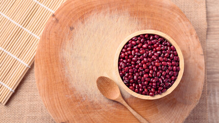 Azuki beans or red mung beans in a wooden bowl, Food ingredients in many Chinese dishes and filling in Japanese sweet