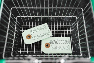 plant-based and animal-based product tags on top of grocery shopping basket, healthy nutrition and...