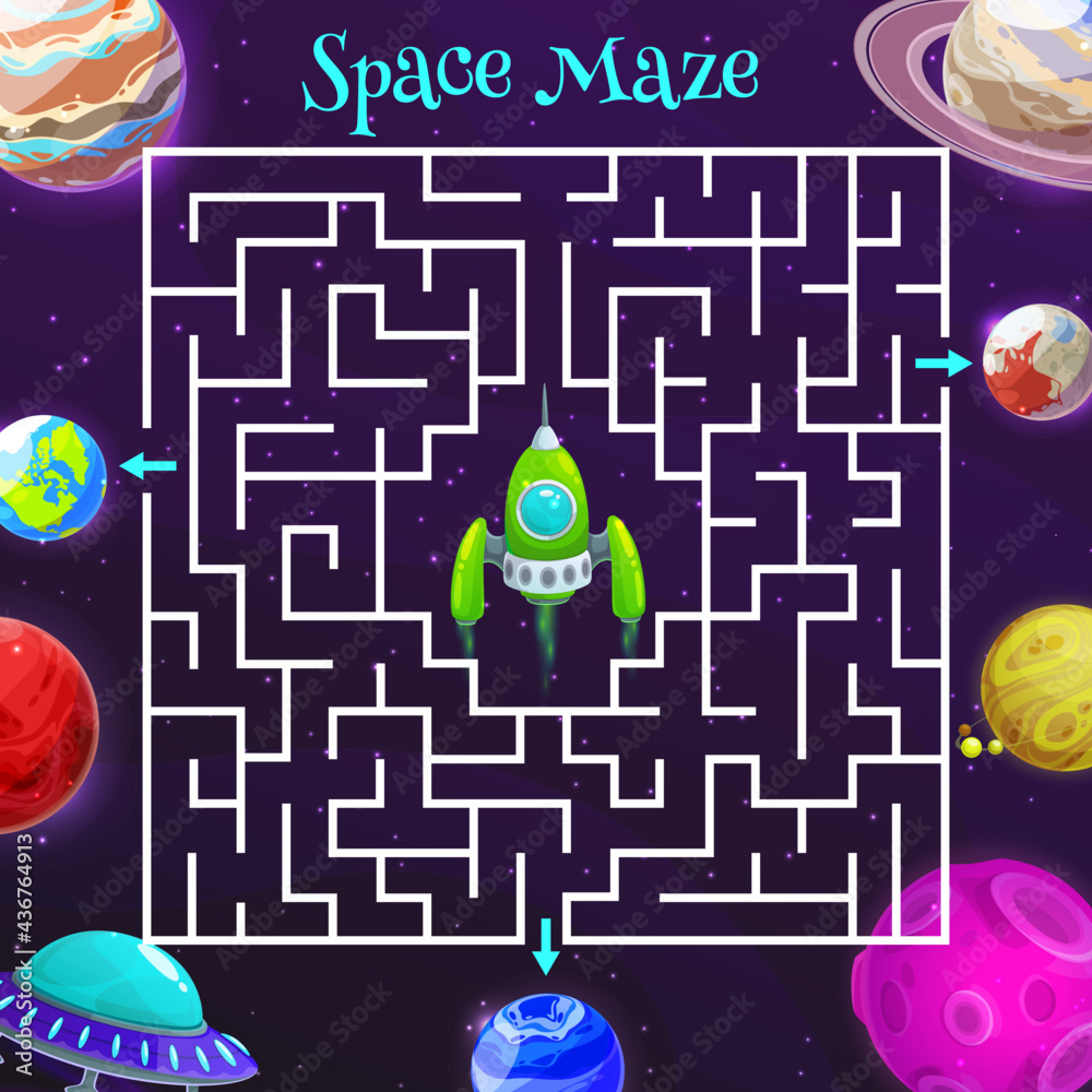 Poster cartoon space labyrinth maze game of vector kids education design. puzzle game, riddle, quiz or test