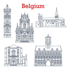 Naklejka premium Belgium landmarks architecture and buildings of Mons, Binche and Bruges city, vector icons. Belgian famous cathedrals, Saint Waltrude Collegiate and St Ursmer Church or Sint Ursmaruskerk houses