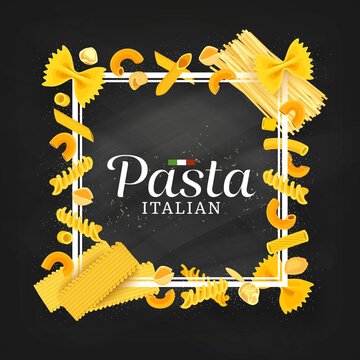 Pasta, italian cuisine restaurant menu cover or frame. Cartoon vector farfalle, maccheroni and conchiglie, penne, spaghetti linguine and eliche, lasagne pasta, flour and chalkboard desk background