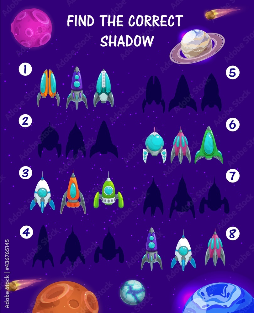 Poster kids maze game with spaceship silhouettes on vector background with space planets. education game, m