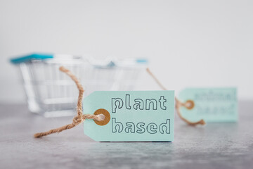 plant-based and animal-based product tags with grocery shopping basket, healthy nutrition and...