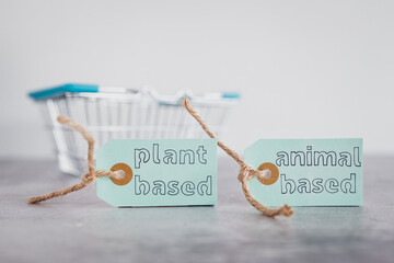plant-based and animal-based product tags with grocery shopping basket, healthy nutrition and...