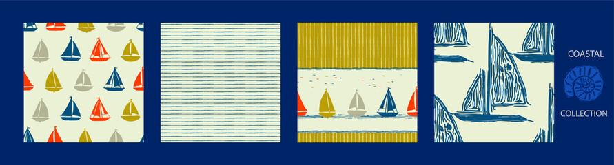 Coastal sail boat drawn seamless pattern set. Marine 2 tone stripe, ship printed background for interior textiles and modern trendy fashion. Maritime travel all over design vector repeat collection