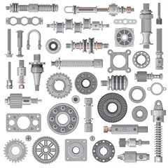 Car engine, machine spare parts, mechanism steel bolts and nuts, bearing, cogwheel and spring absorbers. Vector engine gaskets and crankshaft, machine gearwheels, transmission and gearbox parts © Vector Tradition