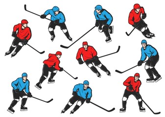 Ice hockey sport players with sticks, pucks, skates. Isolated vector ice hockey team players on rink, forwards and defensemen in red and blue uniform, helmets, jersey and gloves, shorts and leg pads