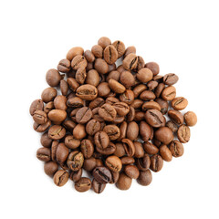 Heap of roasted coffee beans isolated on white, top view