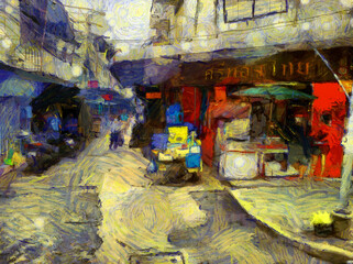 Landscape of the streets of bangkok Illustrations creates an impressionist style of painting.